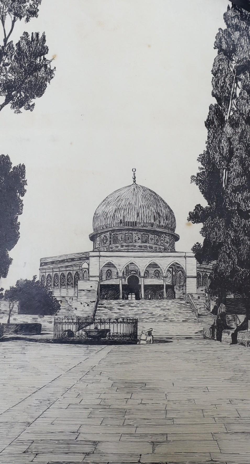 WVC 1926, four pen and ink drawings, Two men riding a camel and three views of mosques, largest 19 x 26cm